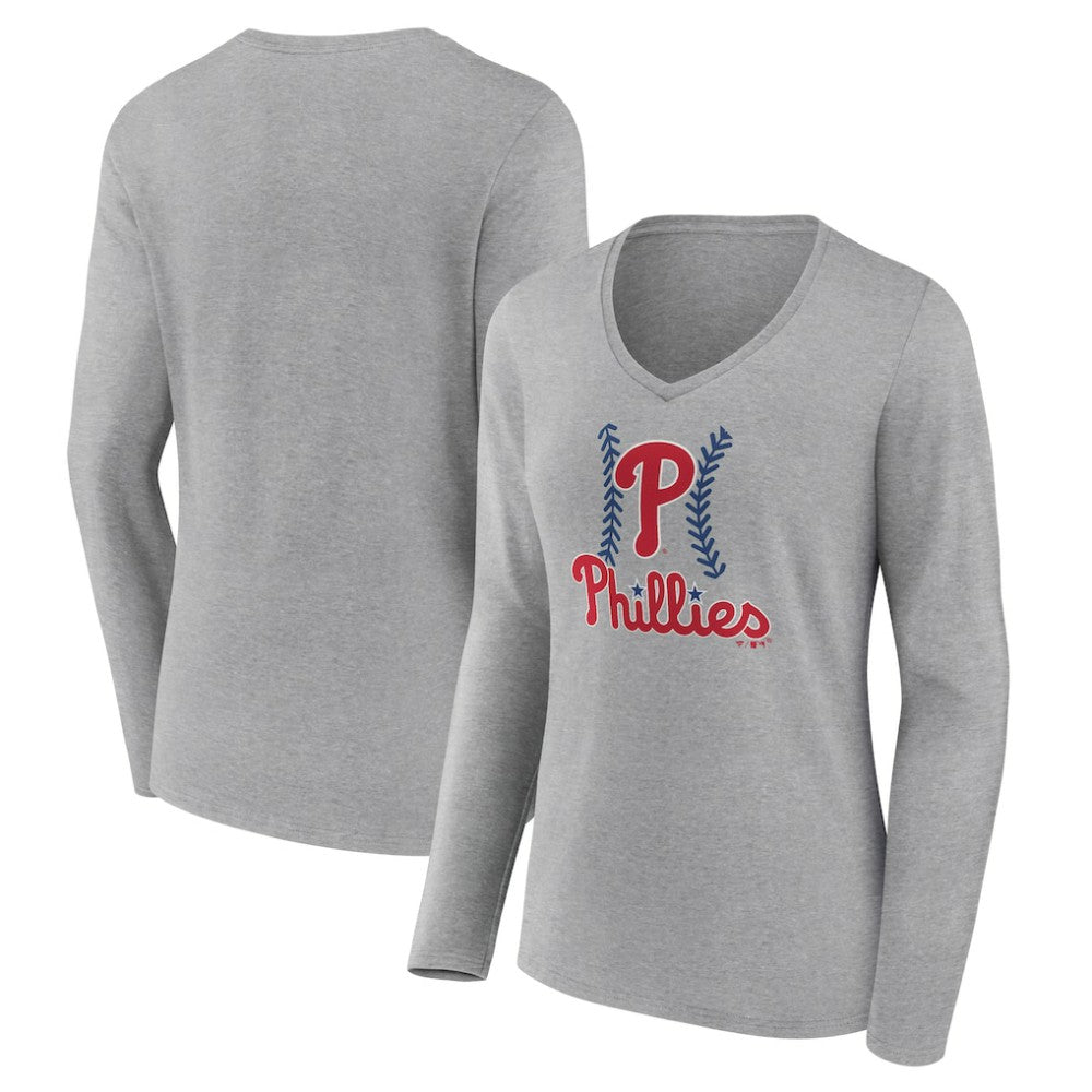 Philadelphia Phillies Women's Fastball Long Sleeve V-Neck T-Shirt - Gray - MLB Sale