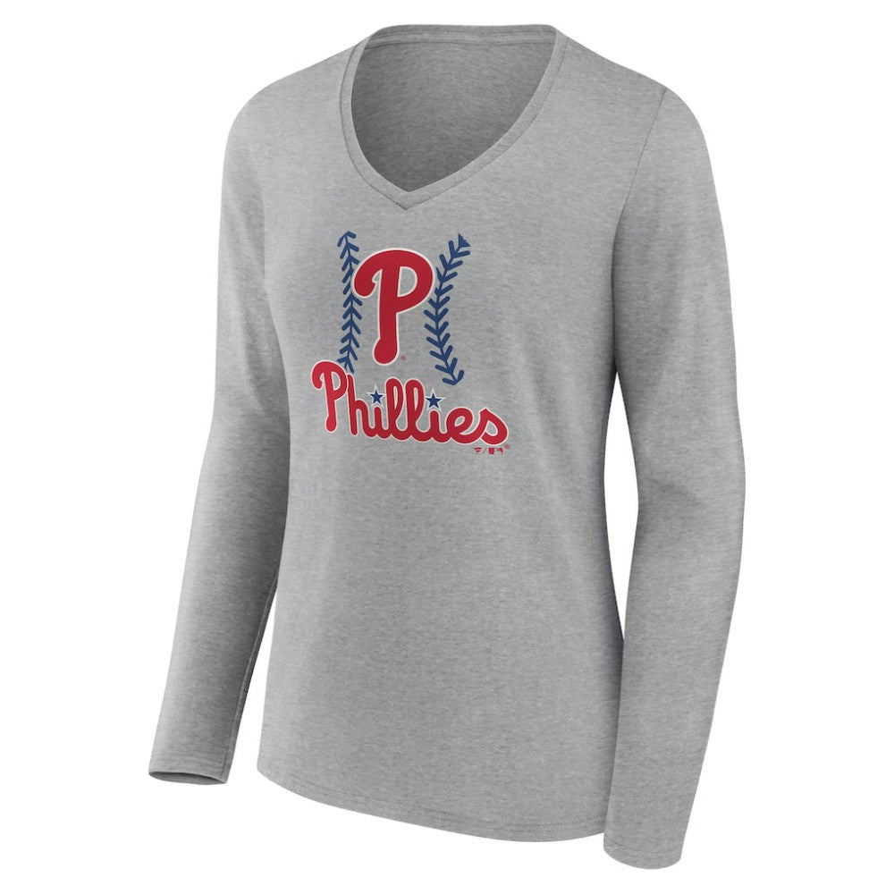 Philadelphia Phillies Women's Fastball Long Sleeve V-Neck T-Shirt - Gray - MLB Sale