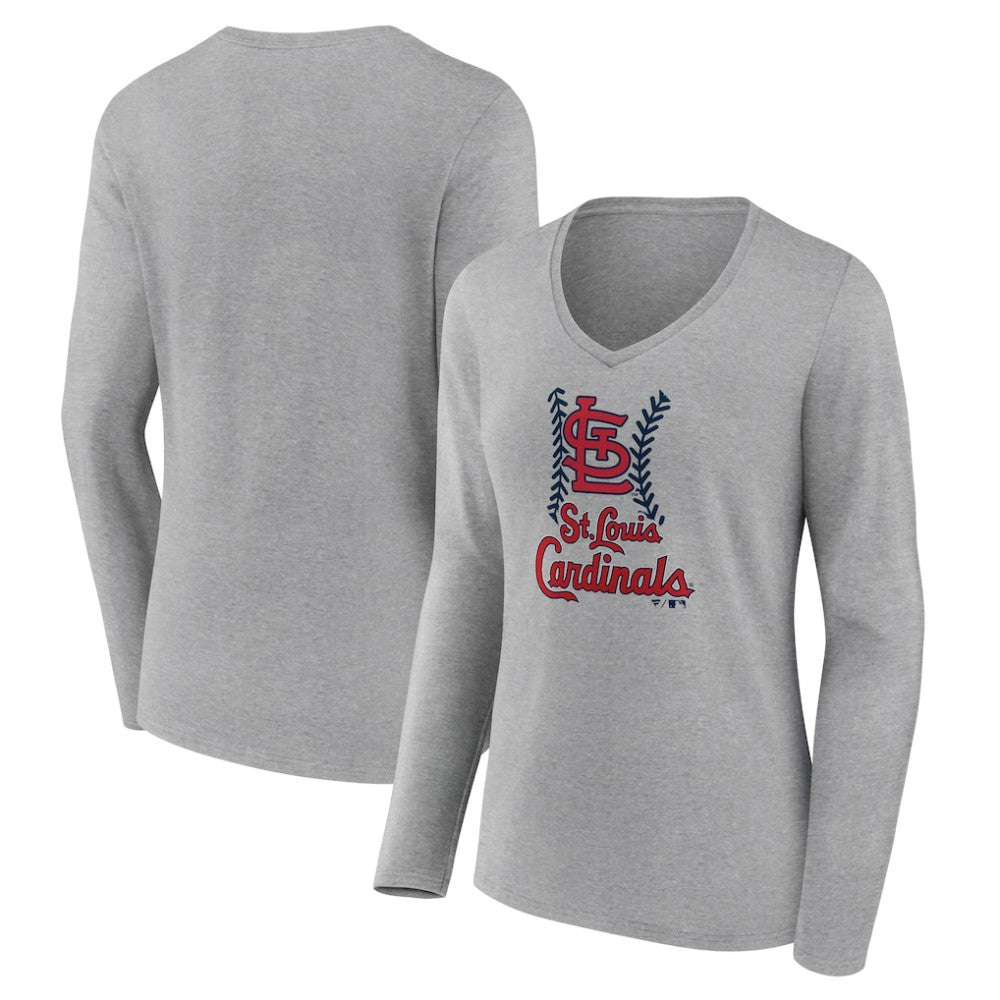 St. Louis Cardinals Women's Fastball Long Sleeve V-Neck T-Shirt - Gray - MLB Lifestyle