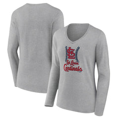 St. Louis Cardinals Women's Fastball Long Sleeve V-Neck T-Shirt - Gray - MLB Lifestyle
