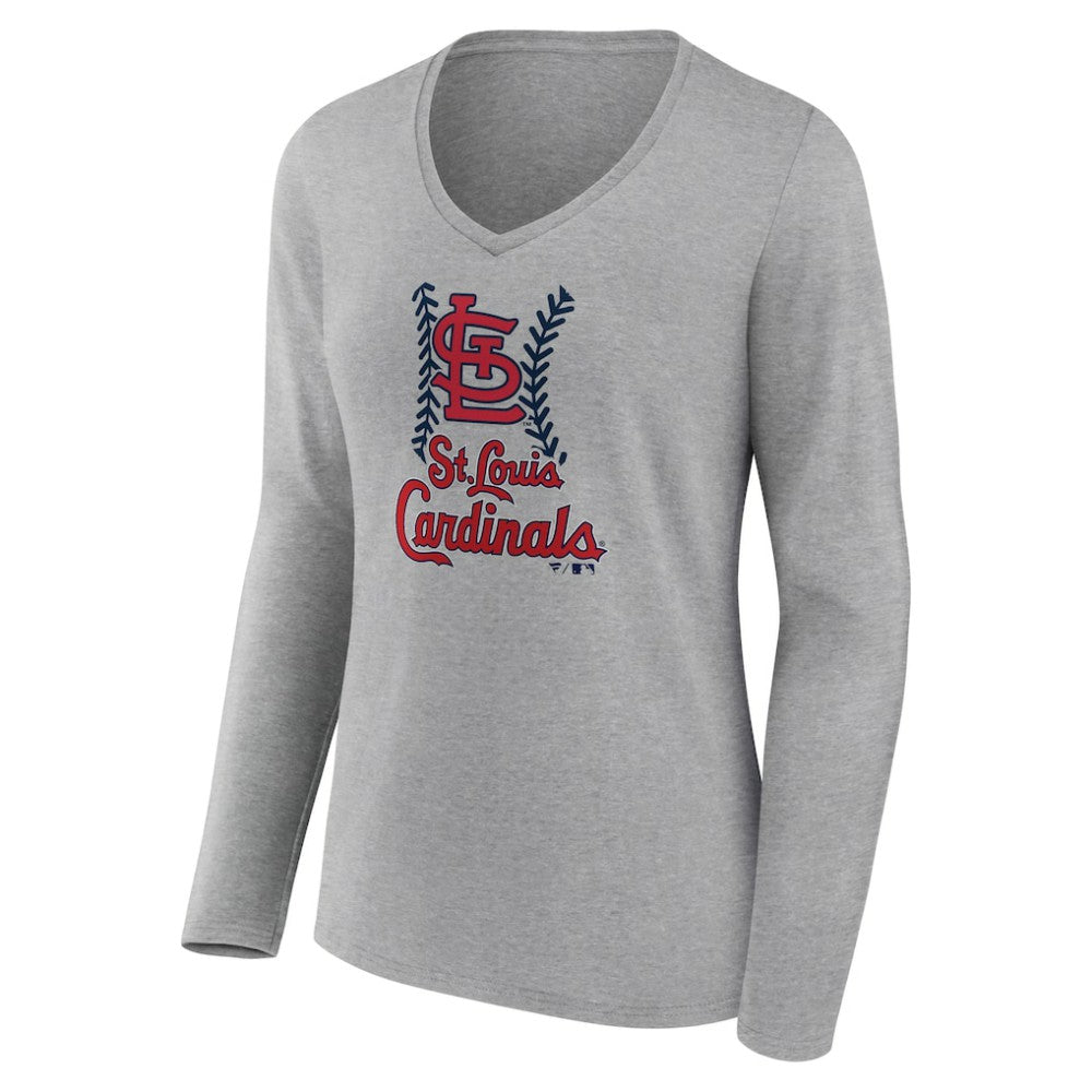 St. Louis Cardinals Women's Fastball Long Sleeve V-Neck T-Shirt - Gray - MLB Lifestyle