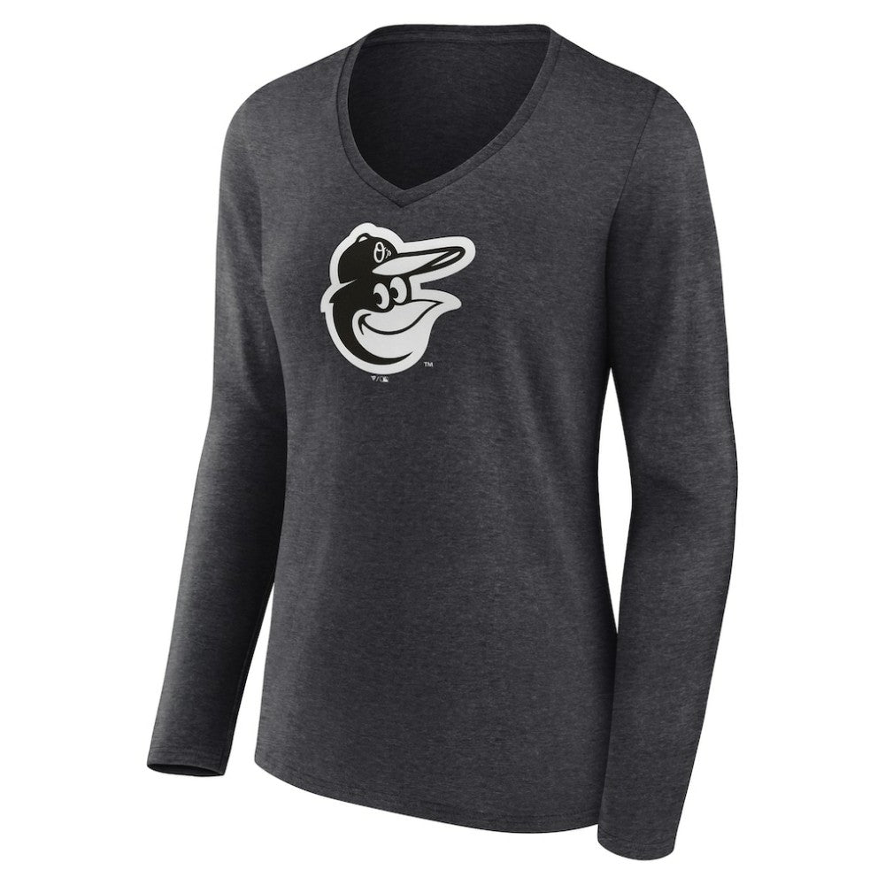 Baltimore Orioles Women's Monochrome Long Sleeve V-Neck T-Shirt - Charcoal - MLB Discount