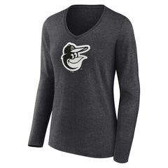 Baltimore Orioles Women's Monochrome Long Sleeve V-Neck T-Shirt - Charcoal - MLB Discount