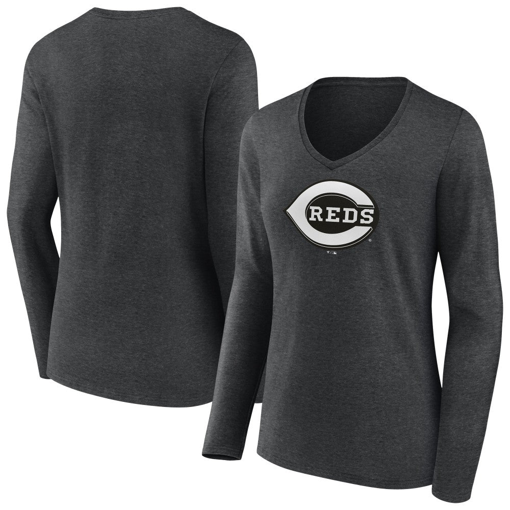 Cincinnati Reds Women's Monochrome Long Sleeve V-Neck T-Shirt - Charcoal - MLB Sale