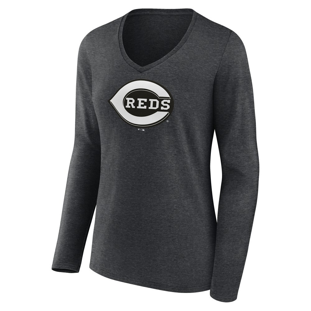 Cincinnati Reds Women's Monochrome Long Sleeve V-Neck T-Shirt - Charcoal - MLB Sale