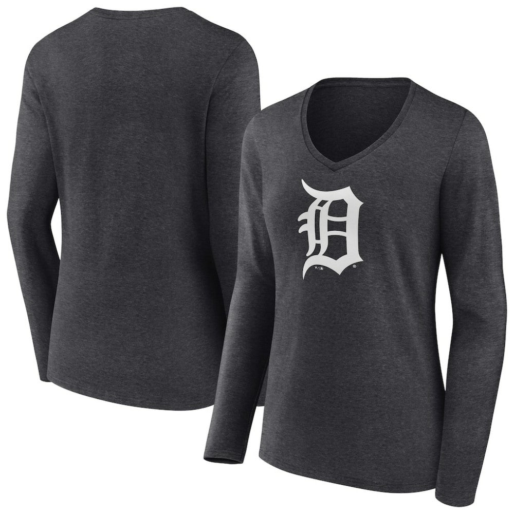 Detroit Tigers Women's Monochrome Long Sleeve V-Neck T-Shirt - Charcoal - MLB Discount
