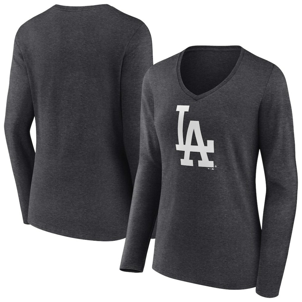 Los Angeles Dodgers Women's Monochrome Long Sleeve V-Neck T-Shirt - Charcoal - MLB Discount
