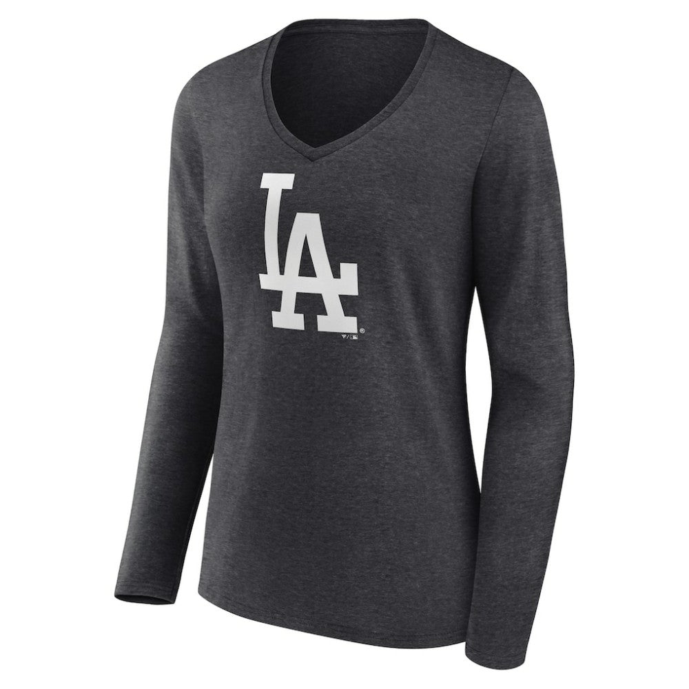 Los Angeles Dodgers Women's Monochrome Long Sleeve V-Neck T-Shirt - Charcoal - MLB Discount