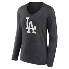 Los Angeles Dodgers Women's Monochrome Long Sleeve V-Neck T-Shirt - Charcoal - MLB Discount