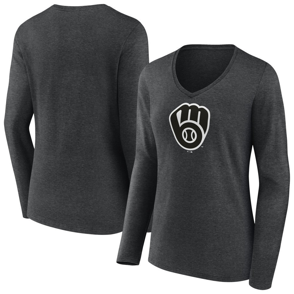 Milwaukee Brewers Women's Monochrome Long Sleeve V-Neck T-Shirt - Charcoal - MLB on Sale