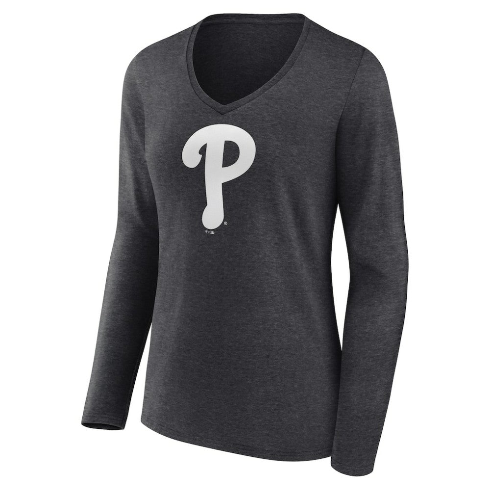 Philadelphia Phillies Women's Monochrome Long Sleeve V-Neck T-Shirt - Charcoal - MLB on Sale