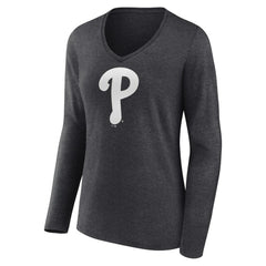 Philadelphia Phillies Women's Monochrome Long Sleeve V-Neck T-Shirt - Charcoal - MLB on Sale