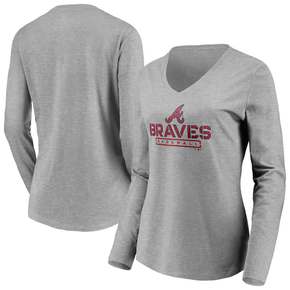 Atlanta Braves Women's Evanston Stencil Long Sleeve V-Neck T-Shirt - Gray - MLB Discount