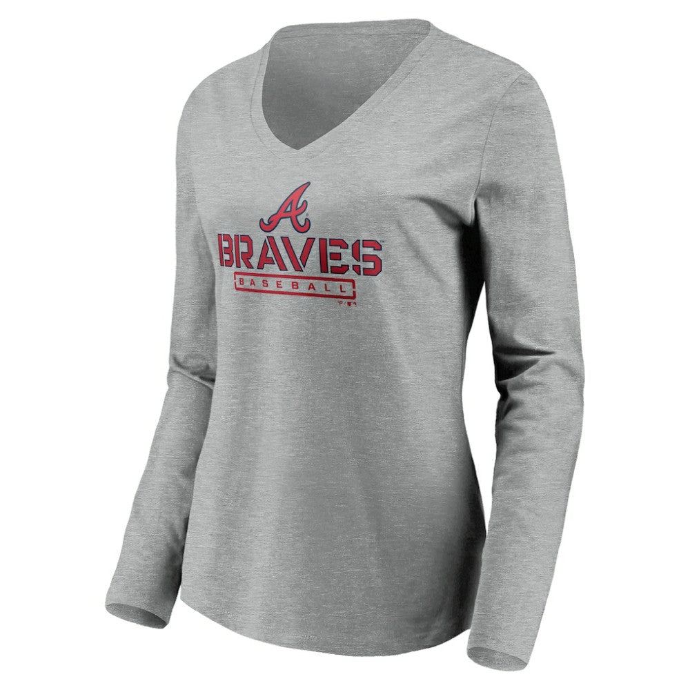 Atlanta Braves Women's Evanston Stencil Long Sleeve V-Neck T-Shirt - Gray - MLB Discount