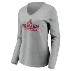 Atlanta Braves Women's Evanston Stencil Long Sleeve V-Neck T-Shirt - Gray - MLB Discount