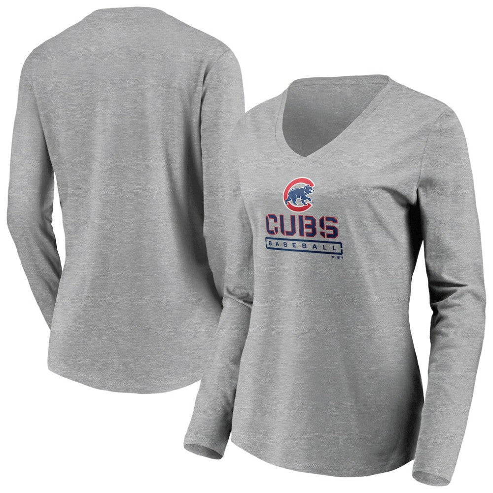 Chicago Cubs Women's Evanston Stencil Long Sleeve V-Neck T-Shirt - Gray - MLB Discount