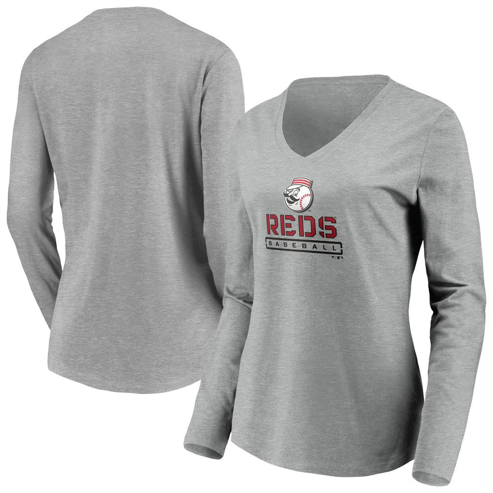 Cincinnati Reds Women's Evanston Stencil Long Sleeve V-Neck T-Shirt - Gray - MLB Online