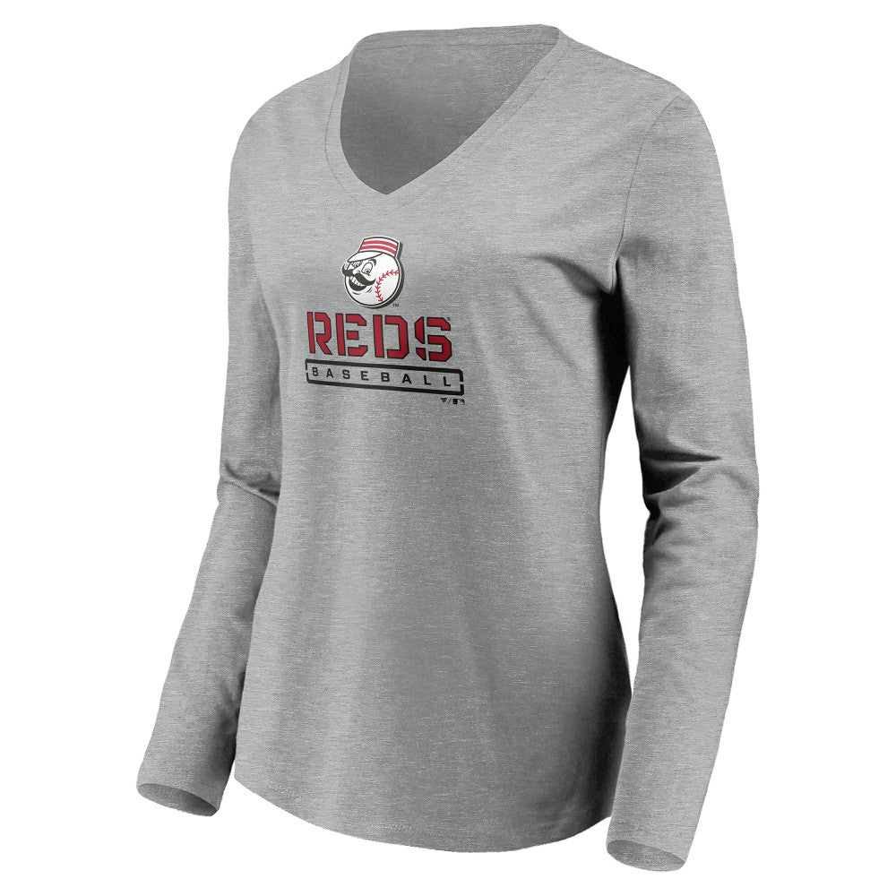 Cincinnati Reds Women's Evanston Stencil Long Sleeve V-Neck T-Shirt - Gray - MLB Online