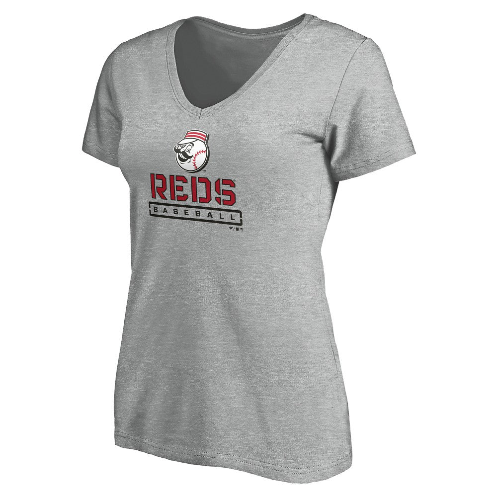 Cincinnati Reds Women's Evanston Stencil V-Neck T-Shirt - Gray - MLB Discount