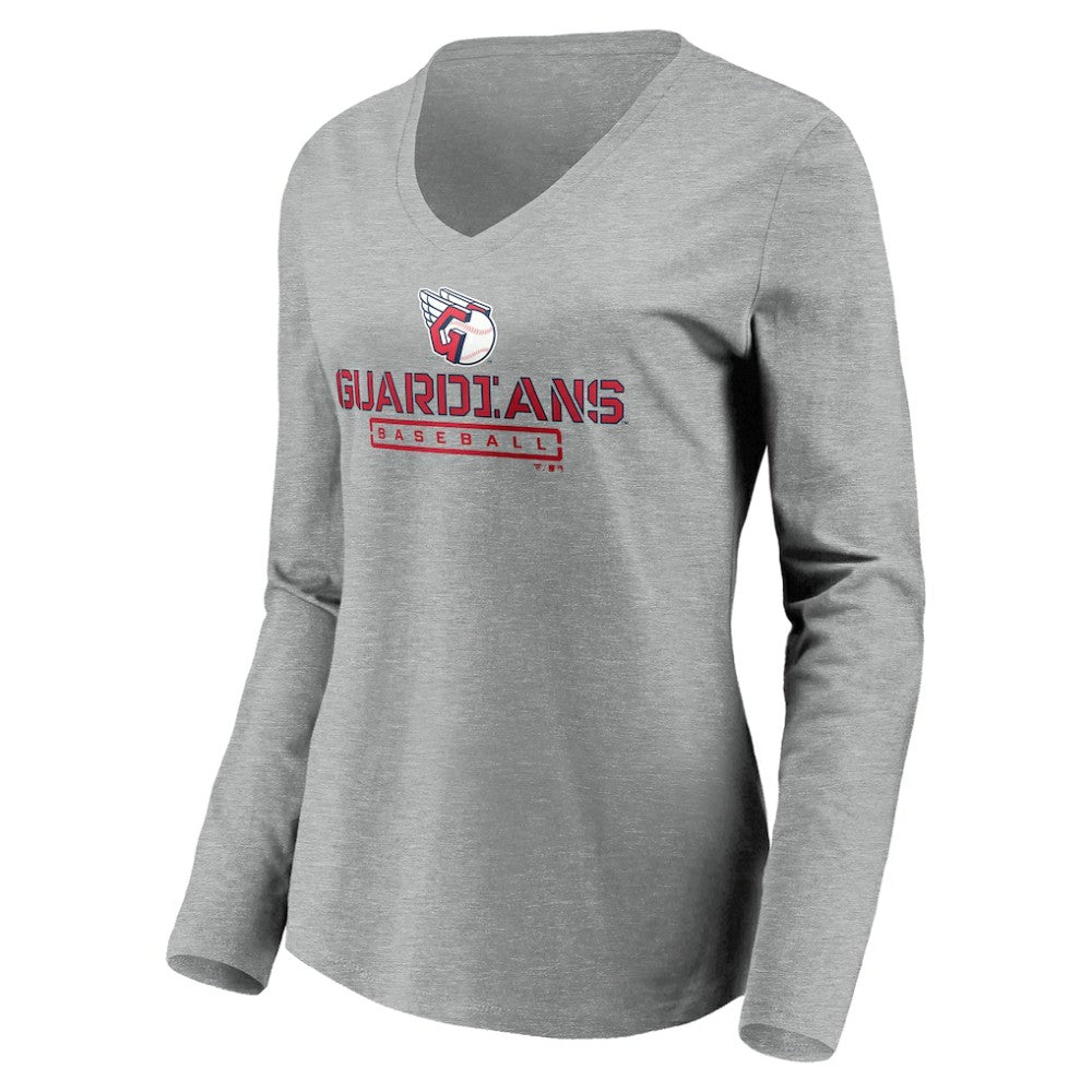 Cleveland Guardians Women's Evanston Stencil Long Sleeve V-Neck T-Shirt - Gray - MLB Sale