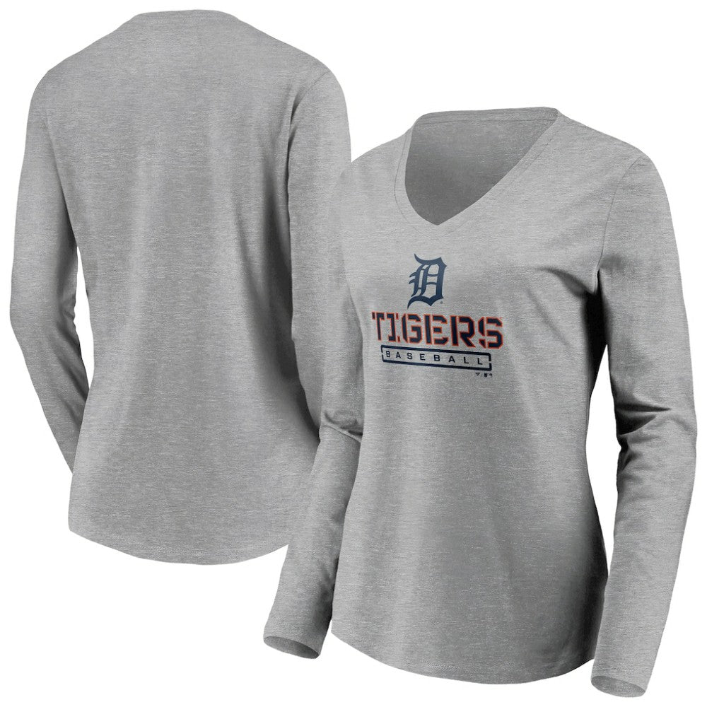 Detroit Tigers Women's Evanston Stencil Long Sleeve V-Neck T-Shirt - Gray - MLB Lifestyle