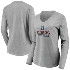 Detroit Tigers Women's Evanston Stencil Long Sleeve V-Neck T-Shirt - Gray - MLB Lifestyle
