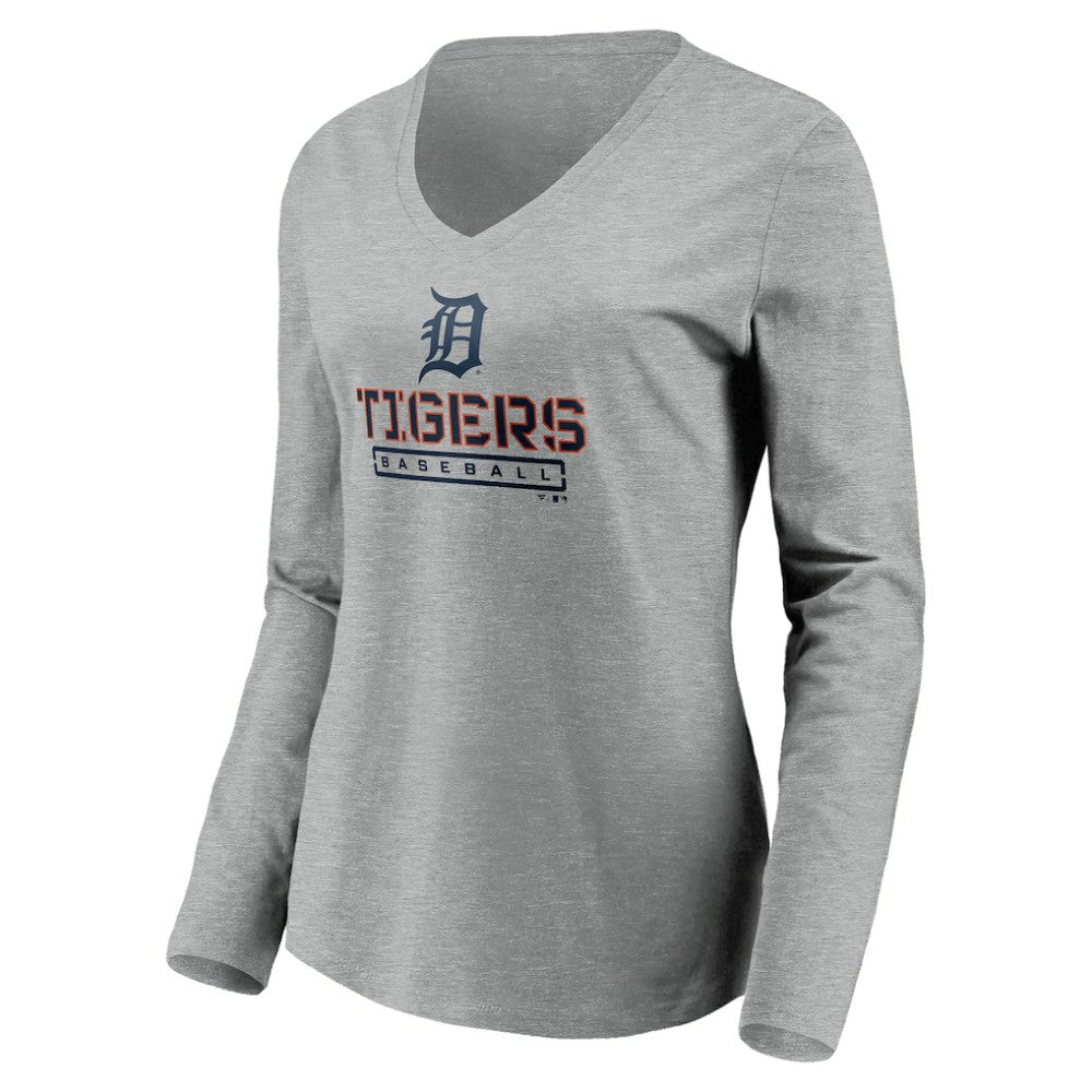 Detroit Tigers Women's Evanston Stencil Long Sleeve V-Neck T-Shirt - Gray - MLB Lifestyle