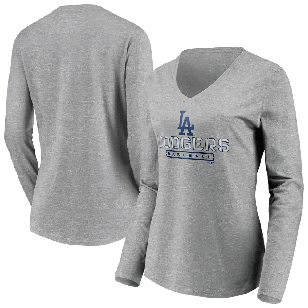 Los Angeles Dodgers Women's Evanston Stencil Long Sleeve V-Neck T-Shirt - Gray - MLB Discount