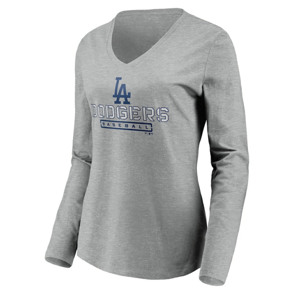 Los Angeles Dodgers Women's Evanston Stencil Long Sleeve V-Neck T-Shirt - Gray - MLB Discount