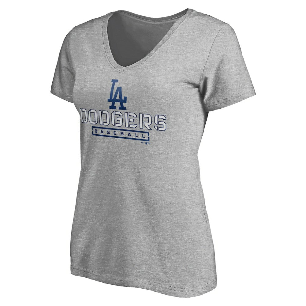 Los Angeles Dodgers Women's Evanston Stencil V-Neck T-Shirt - Gray - MLB Lifestyle