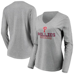 Philadelphia Phillies Women's Evanston Stencil Long Sleeve V-Neck T-Shirt - Gray - MLB Sale