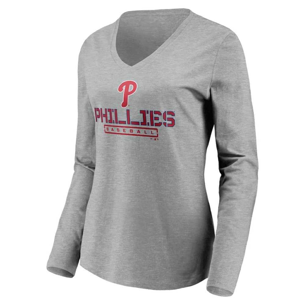 Philadelphia Phillies Women's Evanston Stencil Long Sleeve V-Neck T-Shirt - Gray - MLB Sale