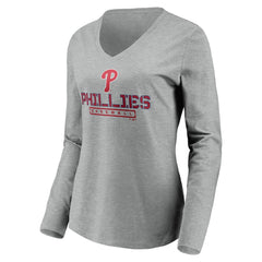 Philadelphia Phillies Women's Evanston Stencil Long Sleeve V-Neck T-Shirt - Gray - MLB Sale