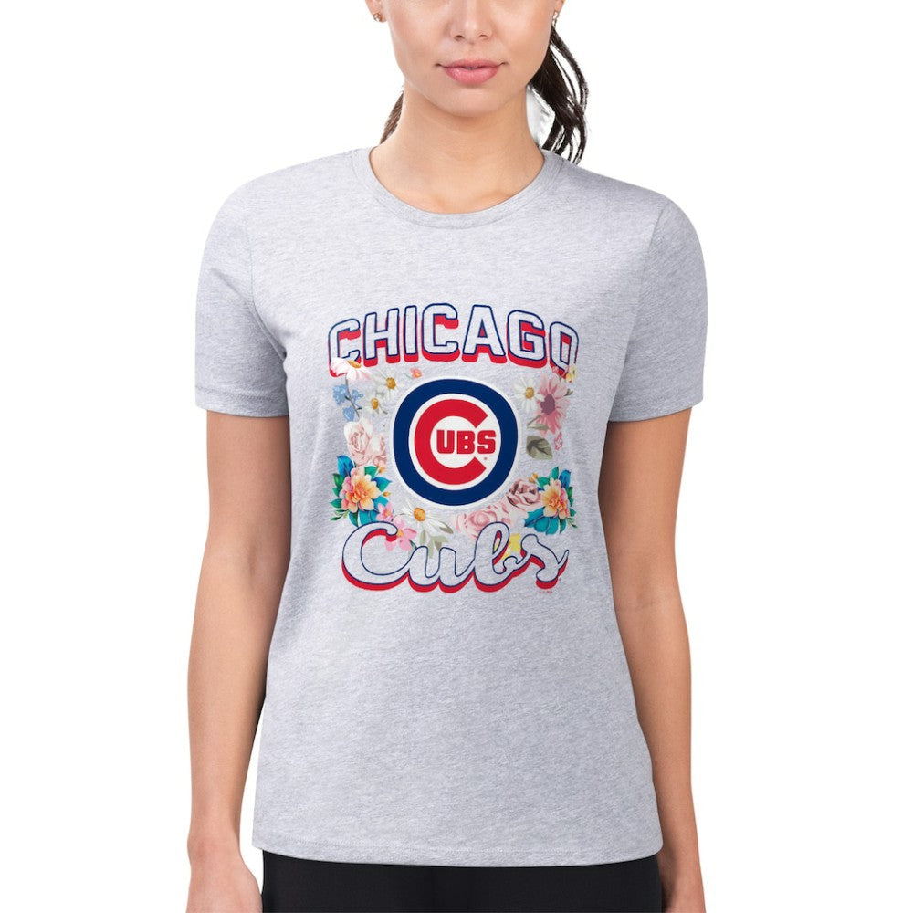 Chicago Cubs G-III 4Her by Carl Banks Women's Super-Slim Fit Lightweight Flowers Graphic T-Shirt - Heather Gray - MLB Lifestyle