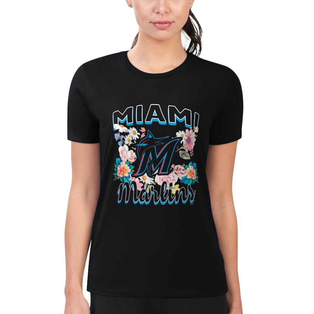 Miami Marlins G-III 4Her by Carl Banks Women's Super-Slim Fit Lightweight Flowers Graphic T-Shirt - Black - MLB Sale