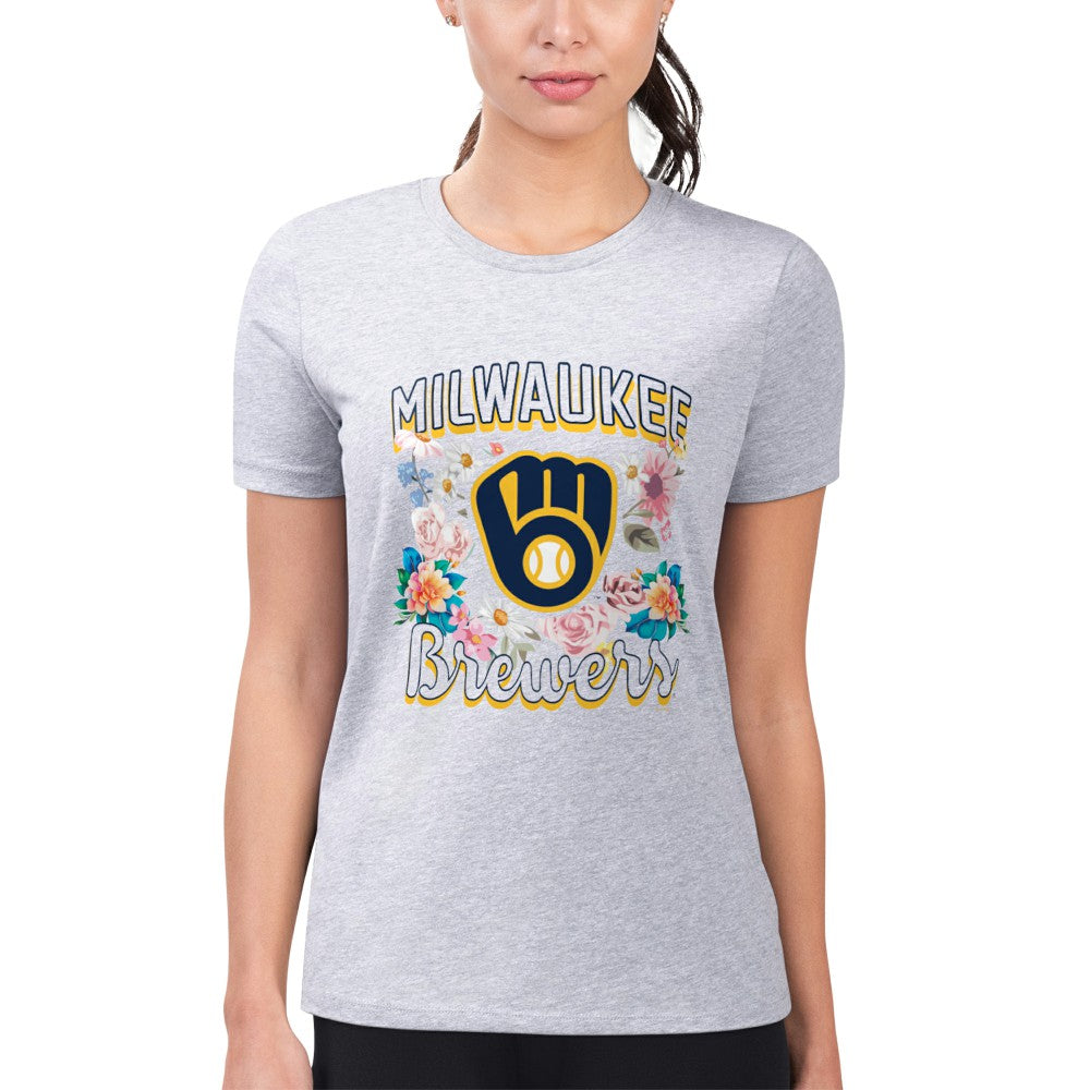 Milwaukee Brewers G-III 4Her by Carl Banks Women's Super-Slim Fit Lightweight Flowers Graphic T-Shirt - Heather Gray - MLB Lifestyle