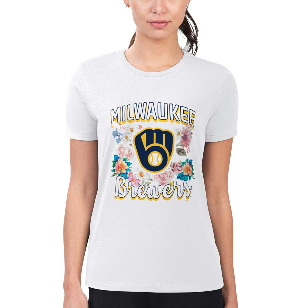 Milwaukee Brewers G-III 4Her by Carl Banks Women's Super-Slim Fit Lightweight Flowers Graphic T-Shirt - White - MLB Discount