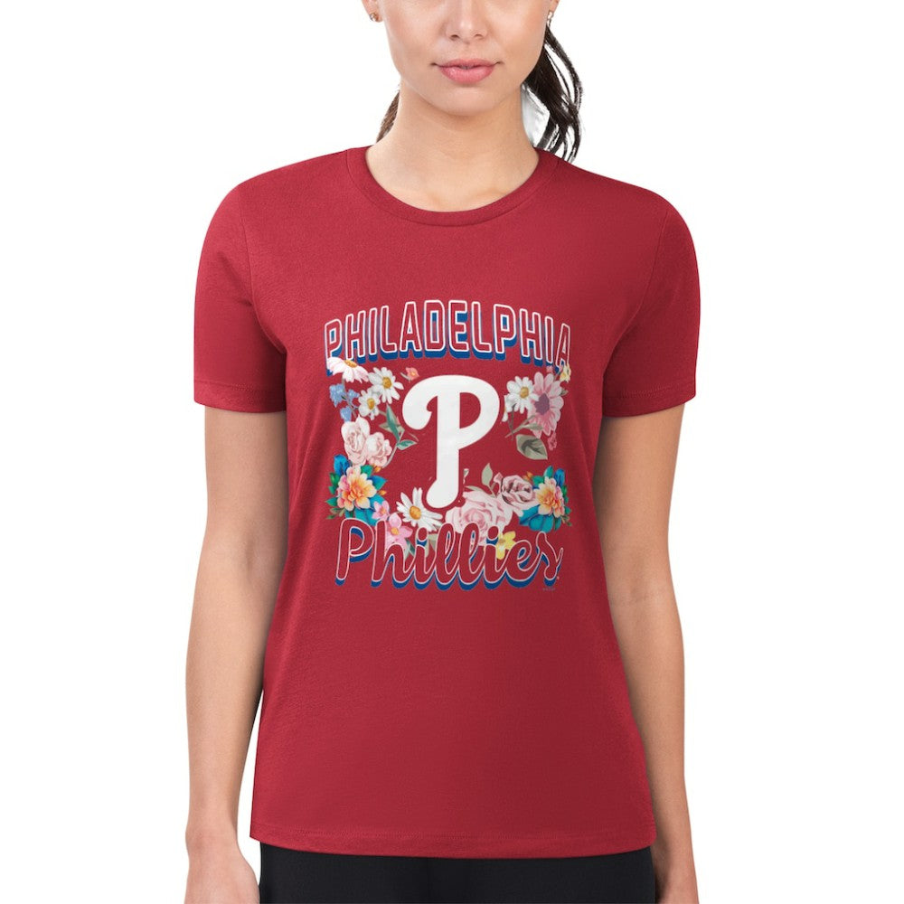 Philadelphia Phillies G-III 4Her by Carl Banks Women's Super-Slim Fit Lightweight Flowers Graphic T-Shirt - Red - MLB Lifestyle
