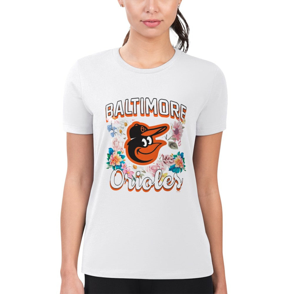 Baltimore Orioles G-III 4Her by Carl Banks Women's Super-Slim Fit Lightweight Flowers Graphic T-Shirt - White - MLB Lifestyle