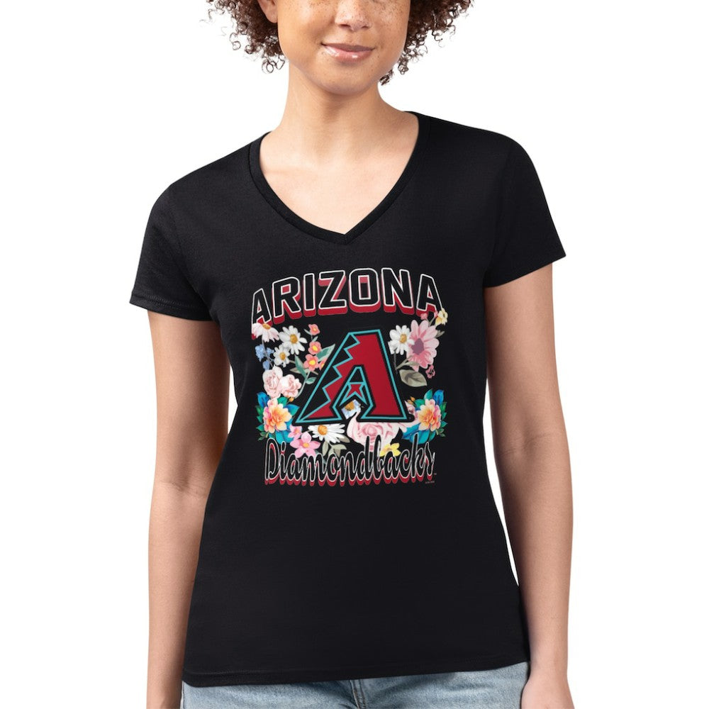 Arizona Diamondbacks G-III 4Her by Carl Banks Women's Super-Slim Fit Lightweight Flowers Graphic V-Neck T-Shirt - Black - MLB Lifestyle