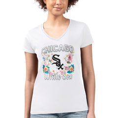 Chicago White Sox G-III 4Her by Carl Banks Women's Super-Slim Fit Lightweight Flowers Graphic V-Neck T-Shirt - White - MLB on Sale