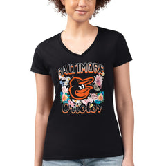Baltimore Orioles G-III 4Her by Carl Banks Women's Super-Slim Fit Lightweight Flowers Graphic V-Neck T-Shirt - Black - MLB on Sale
