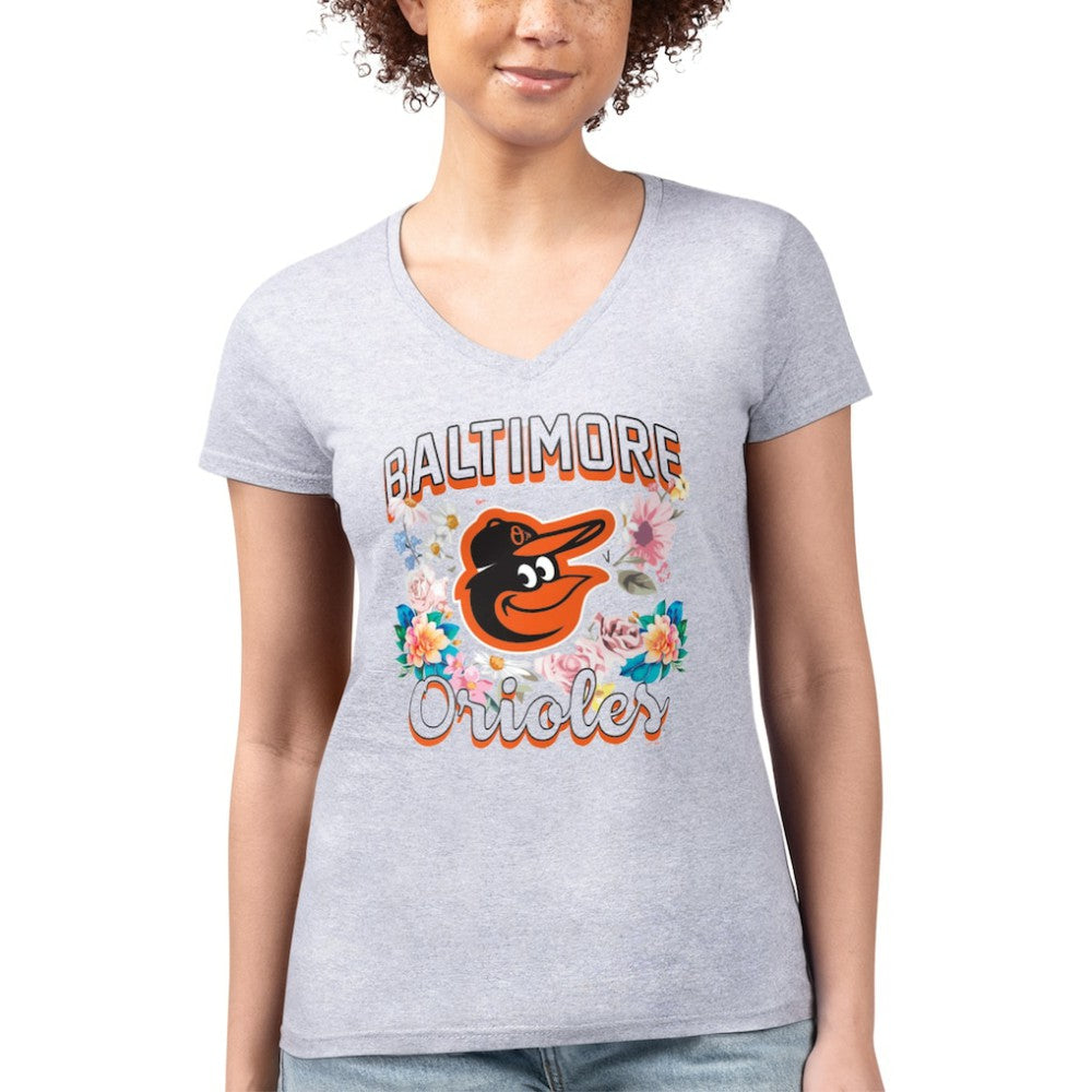 Baltimore Orioles G-III 4Her by Carl Banks Women's Super-Slim Fit Lightweight Flowers Graphic V-Neck T-Shirt - Heather Gray - MLB Sale