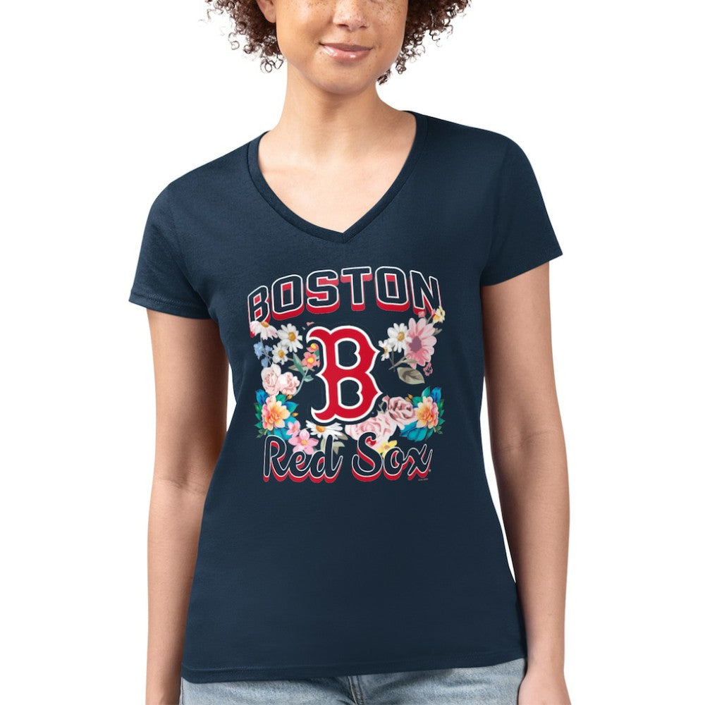 Boston Red Sox G-III 4Her by Carl Banks Women's Super-Slim Fit Lightweight Flowers Graphic V-Neck T-Shirt - Navy - MLB Online