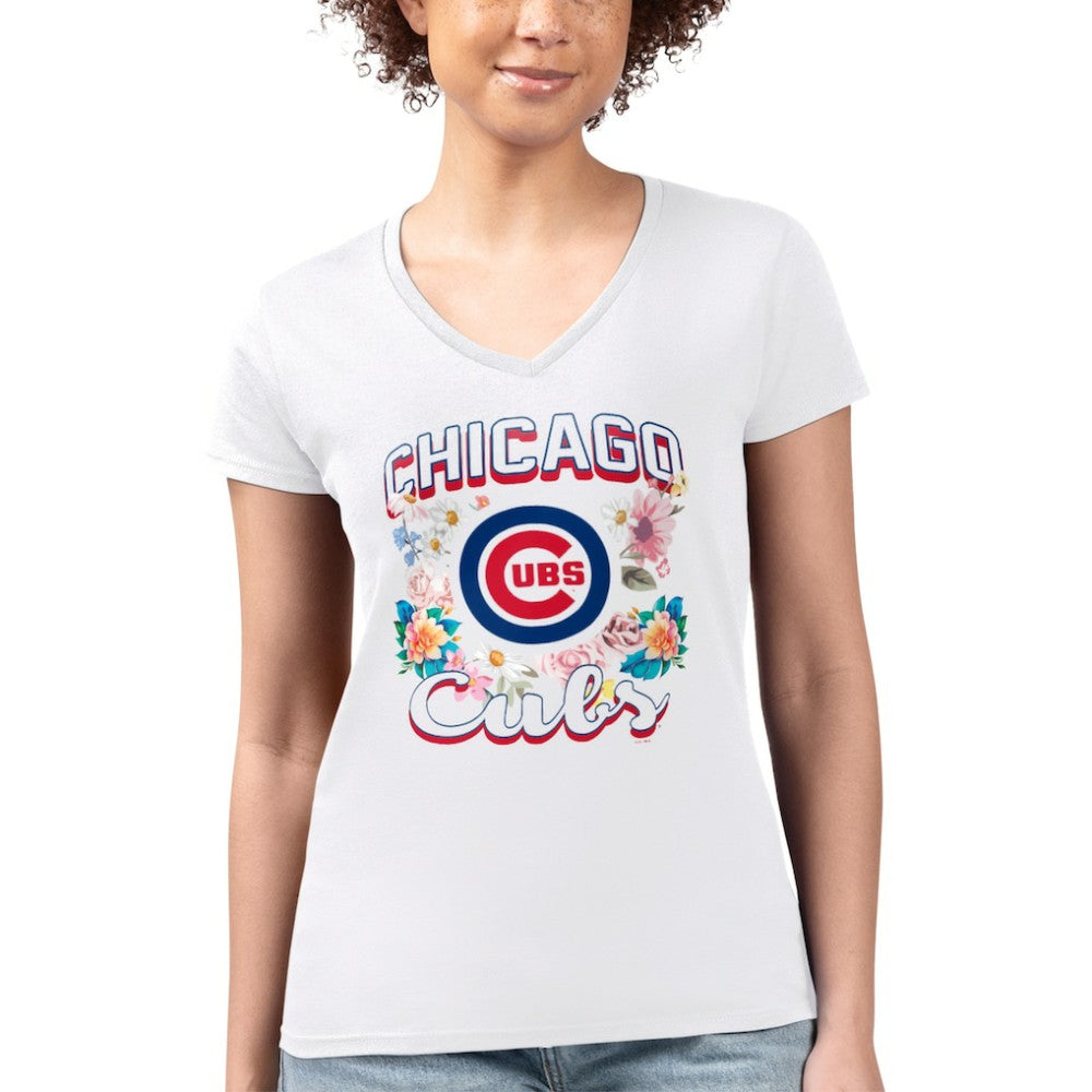 Chicago Cubs G-III 4Her by Carl Banks Women's Super-Slim Fit Lightweight Flowers Graphic V-Neck T-Shirt - White - MLB Online