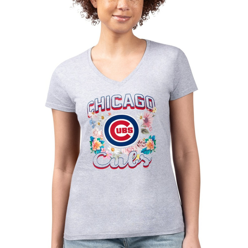 Chicago Cubs G-III 4Her by Carl Banks Women's Super-Slim Fit Lightweight Flowers Graphic V-Neck T-Shirt - Heather Gray - MLB Sale