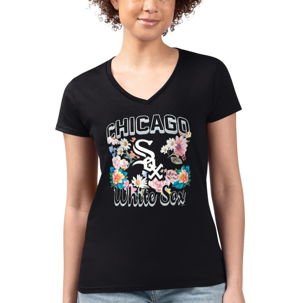 Chicago White Sox G-III 4Her by Carl Banks Women's Super-Slim Fit Lightweight Flowers Graphic V-Neck T-Shirt - Black - MLB Online