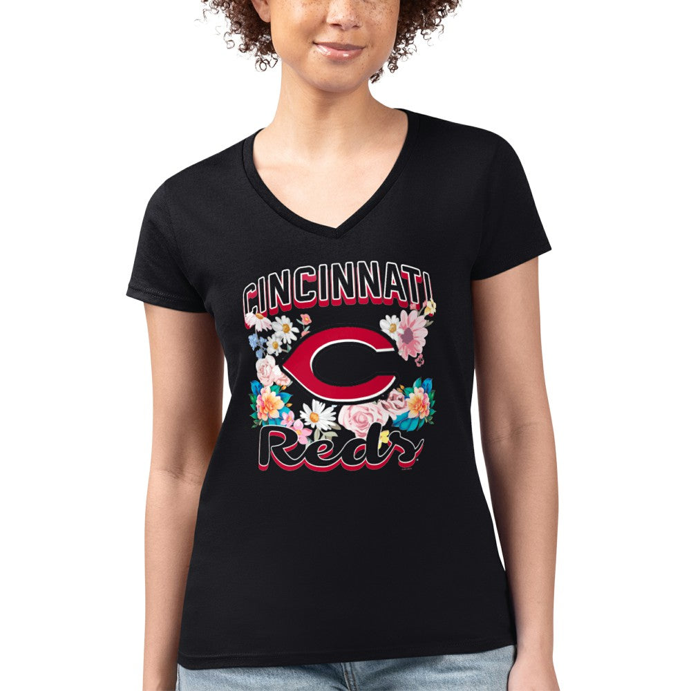 Cincinnati Reds G-III 4Her by Carl Banks Women's Super-Slim Fit Lightweight Flowers Graphic V-Neck T-Shirt - Black - MLB Lifestyle