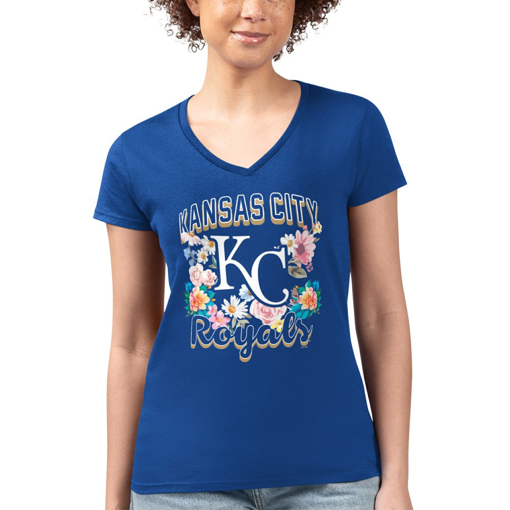 Kansas City Royals G-III 4Her by Carl Banks Women's Super-Slim Fit Lightweight Flowers Graphic V-Neck T-Shirt - Royal - MLB Discount