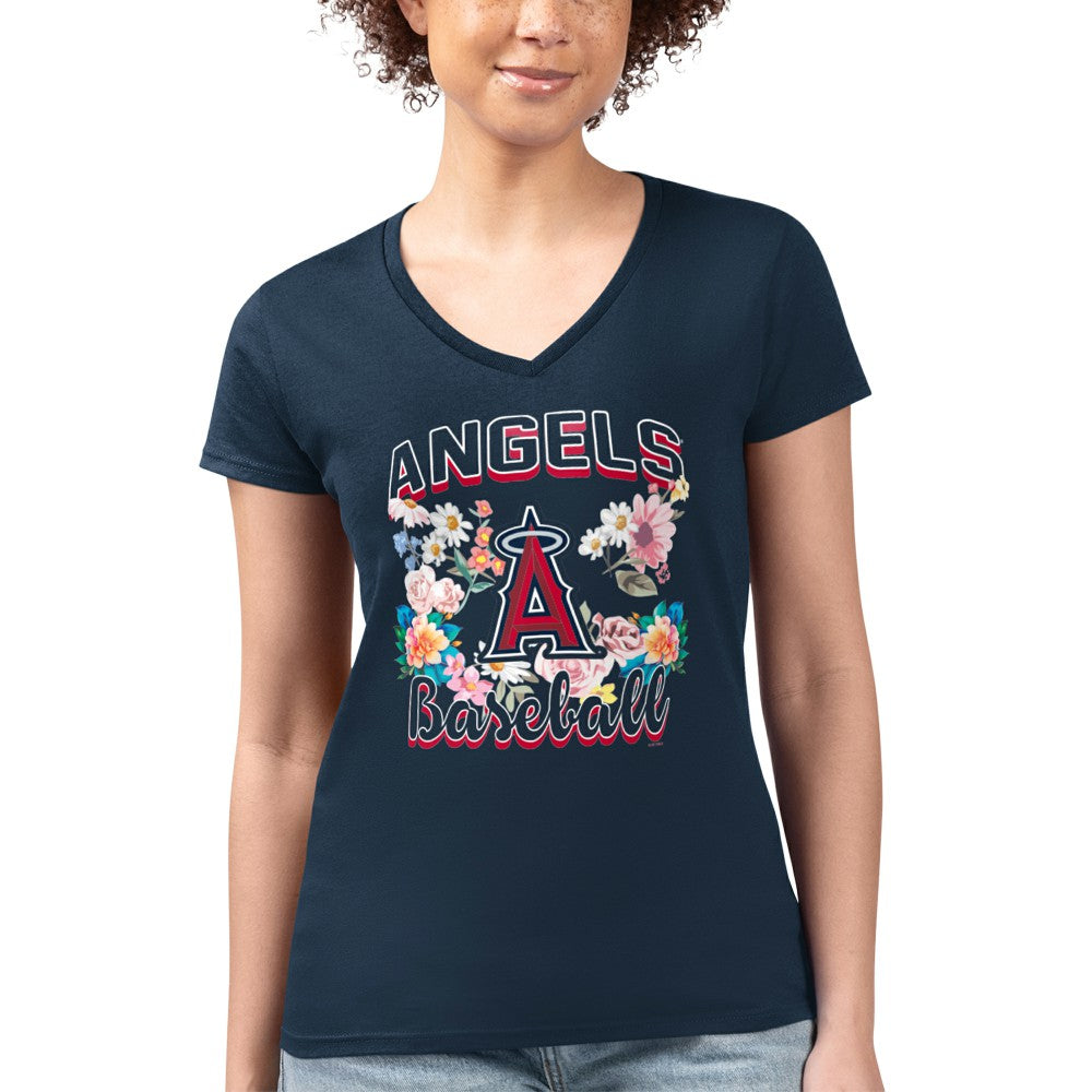 Los Angeles Angels G-III 4Her by Carl Banks Women's Super-Slim Fit Lightweight Flowers Graphic V-Neck T-Shirt - Navy - MLB Discount